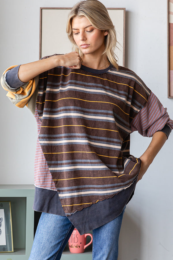 MULTICOLOR STRIPED LONG SLEEVE OVERSIZED TOP