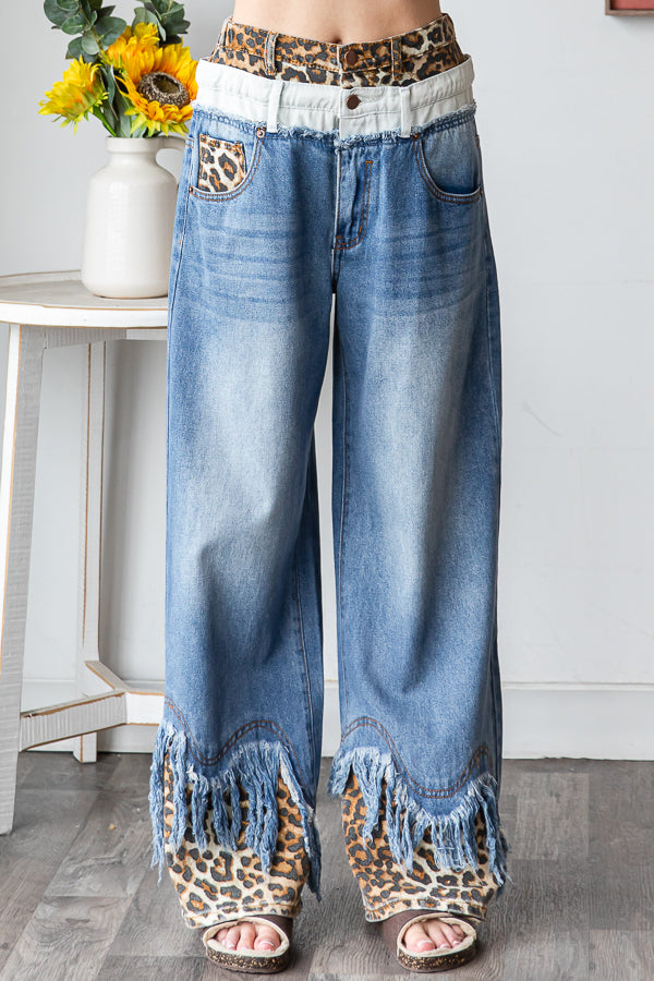 WASHED DOUBLED WAIST WITH FRAYED HEM JEANS
