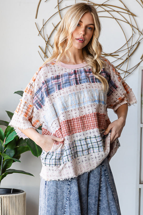 WASHED LACE INSERT PLAID MIX KNIT TOP