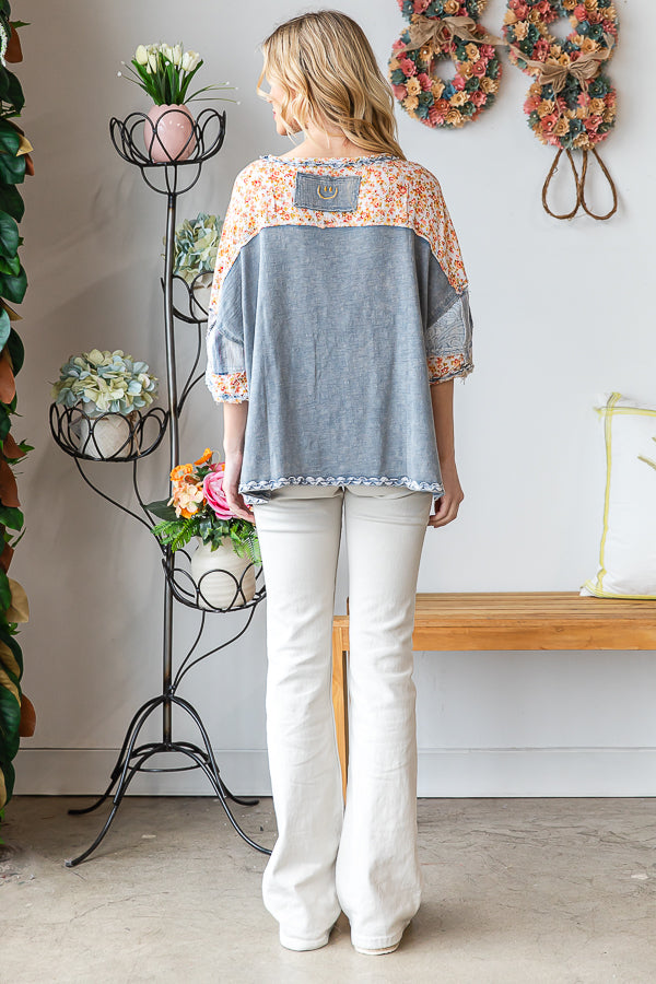 WASHED PRINT PATCHWORK SHORT SLEEVE TOP