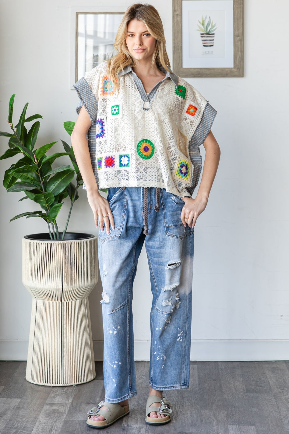 MIX MATCH CROCHET PATCHED LACE COLLAR TOP