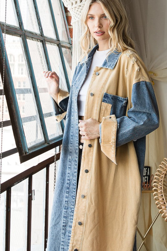 WASHED COLORBLOCK DETAIL DENIM LONG JACKET