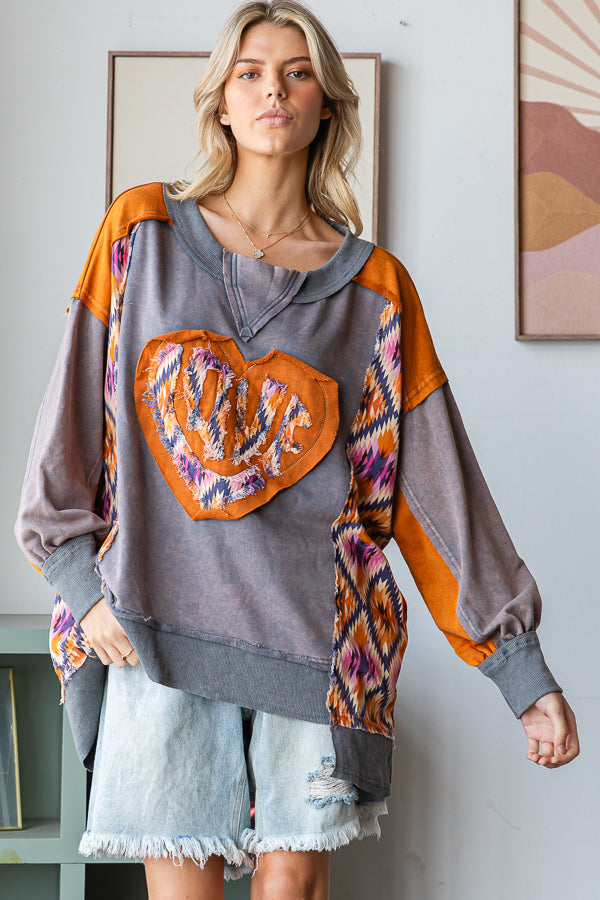 WASHED LOVE HEART PATCHWORK PULLOVER TOP