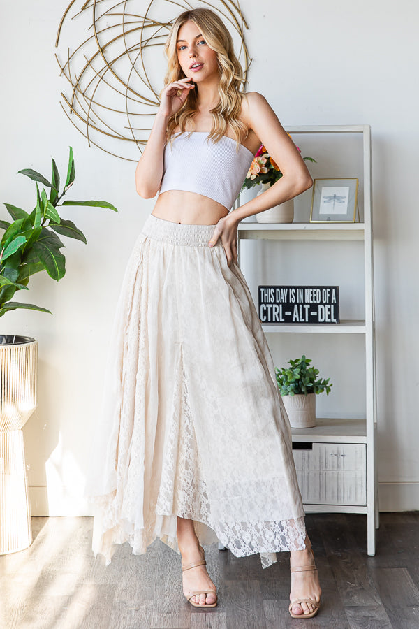 CHIFFON LACE MIXED OVERLAY A-LINE MIDI SKIRT