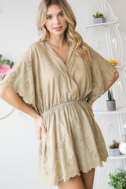 WASHED SURPLICE FRONT EYELET HEM PEPLUM BLOUSE