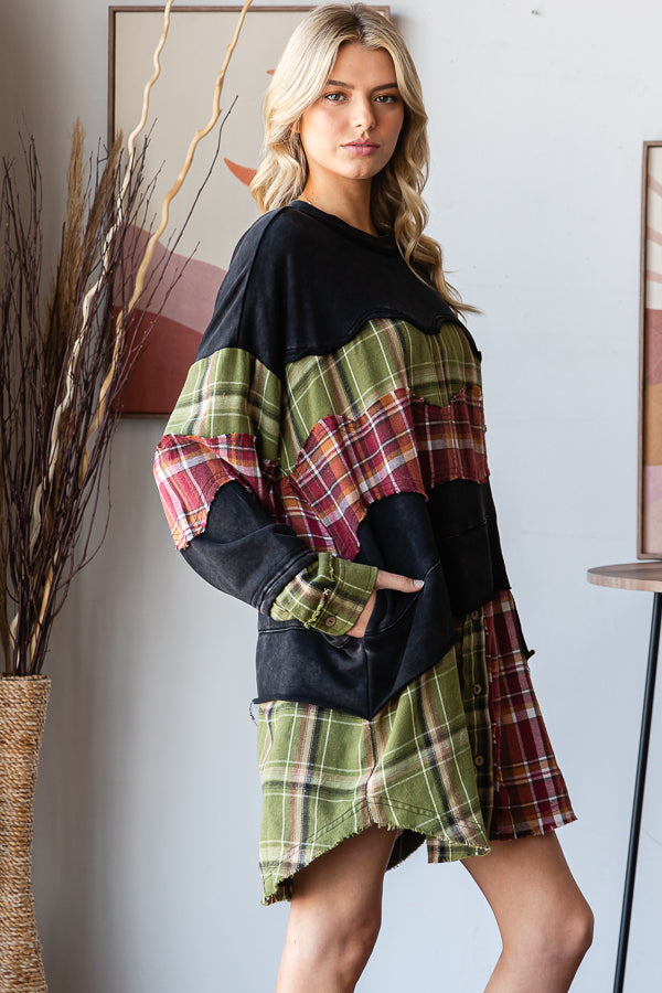 WASHED PLAID PATCHWORK TUNIC LONG SLEEVE TOP
