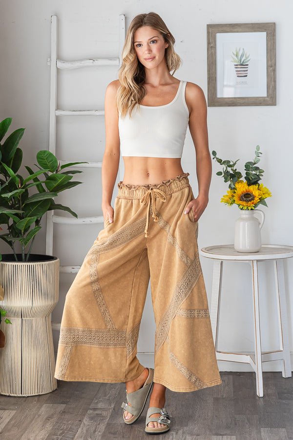 WASHED LACE TRIM TERRY WIDE LEG PANTS