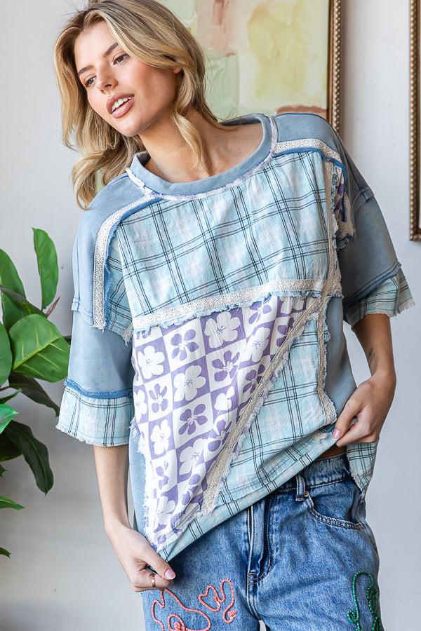 WASHED PRINTED MIX MEDIA SHORT SLEEVE TOP