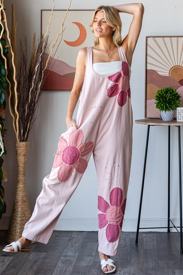 WASHED BIG FLOWER PATCHWORK OVERALL