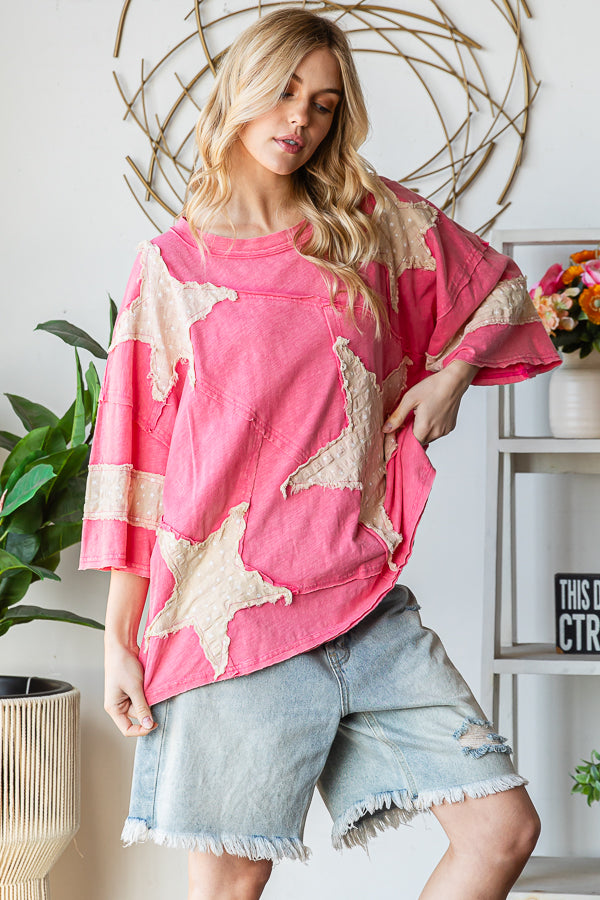 WASHED STAR PATCHWORK SHORT SLEEVE TOP