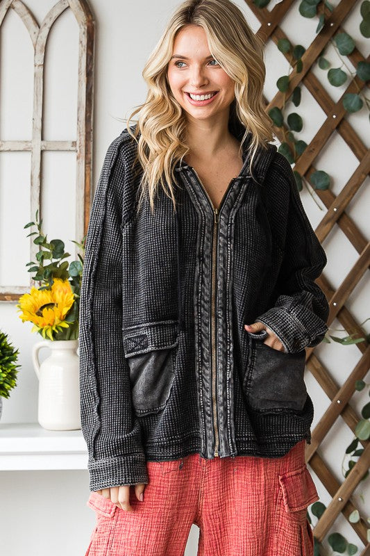 WASHED ZIP FRONT HOODED WAFFLE JACKET