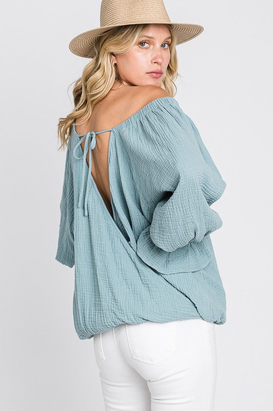 WASHED FLARE CUFFS OPEN BACK DETAIL GAUZE BLOUSE