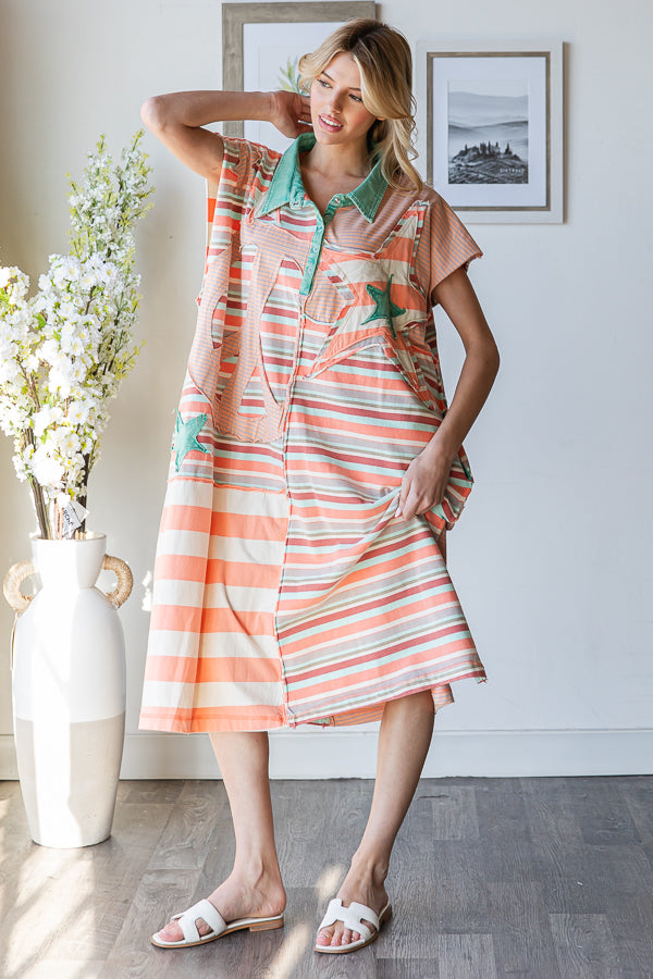 WASHED STAR AND PEACE PATCH STRIPE TEE DRESS