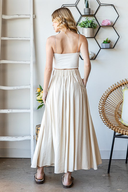 WASHED PLEATED DETAIL FLARE HEM MAXI SKIRT