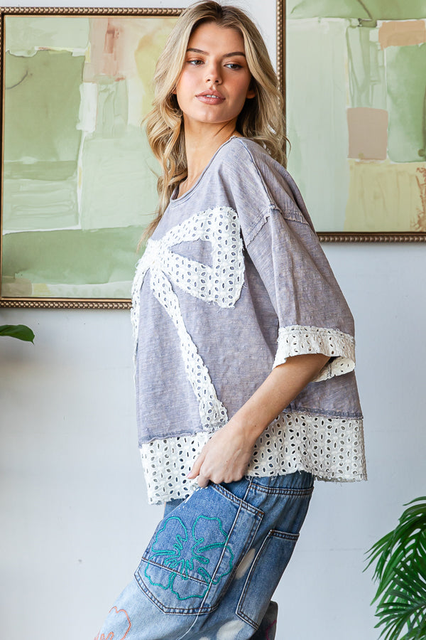 WASHED RIBBON PATCHWORK SHORT SLEEVE OVERSIZED TOP