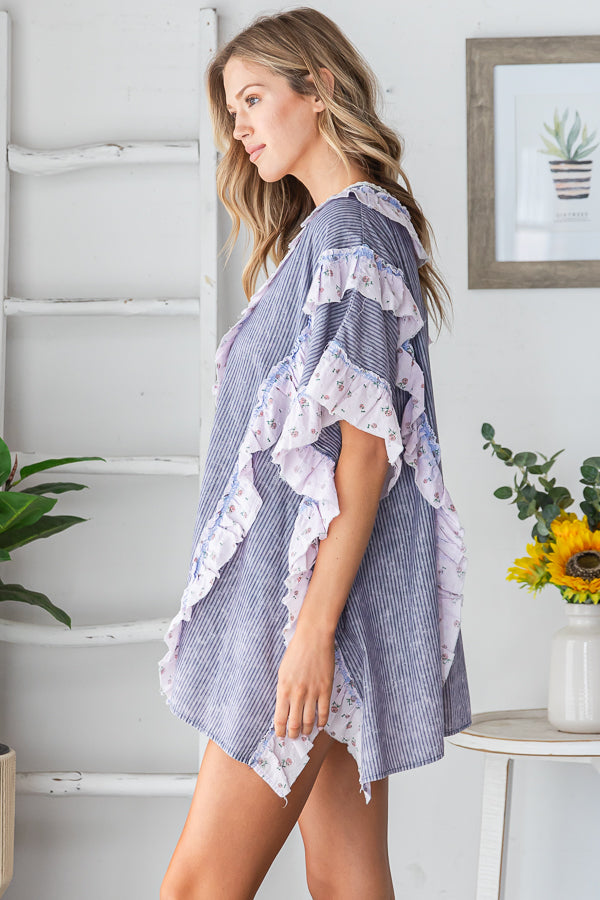 WASHED V NECK RUFFLE DETAIL MIX MEDIA BUTTON TOP