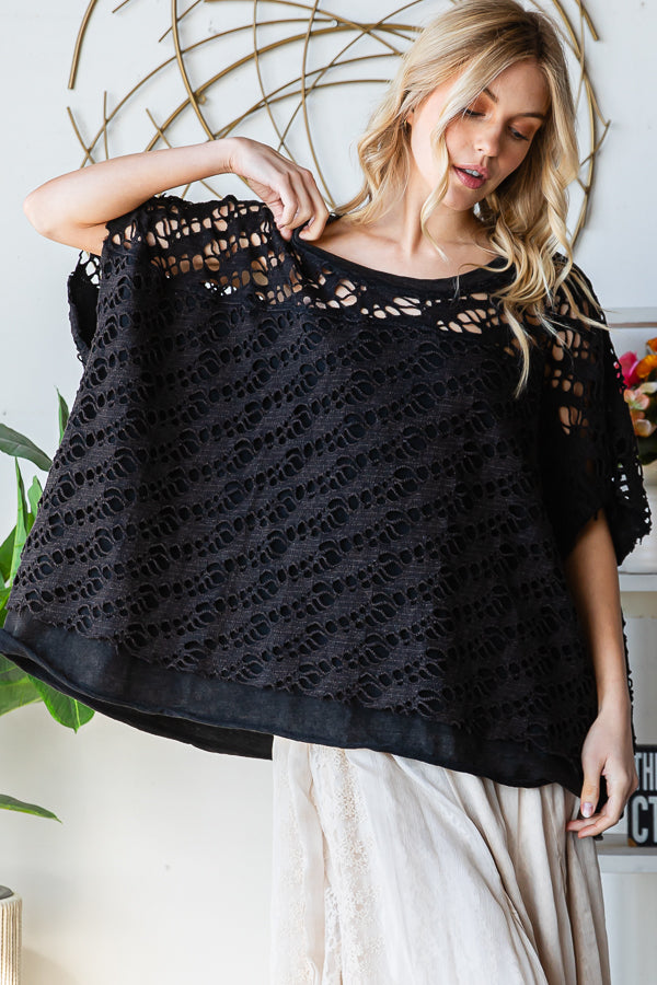 WASHED CROCHET LAYERED KNIT TOP