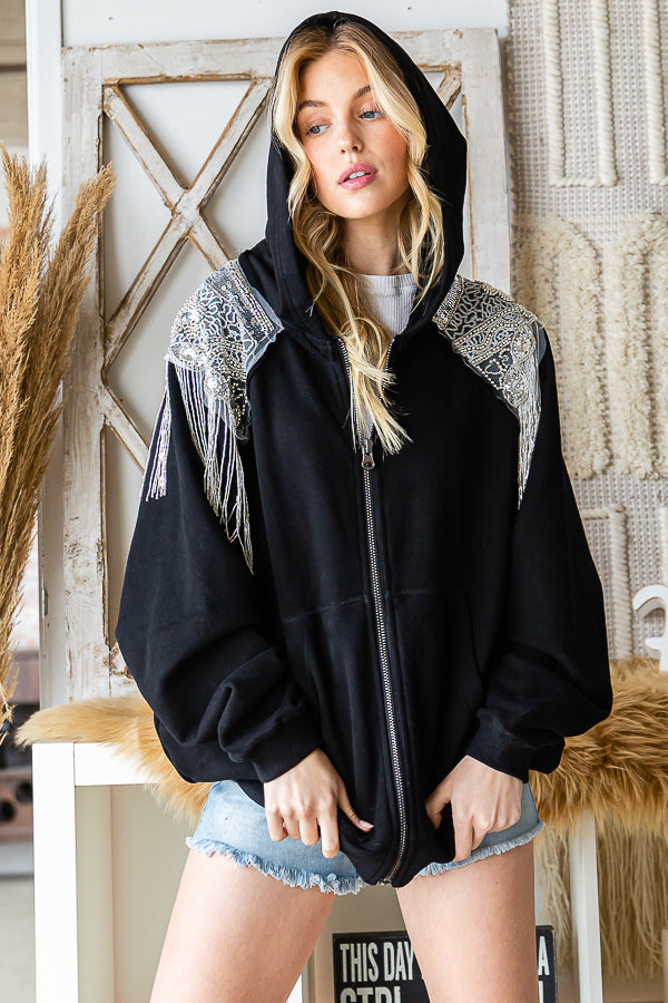 SILVER SEQUIN FRINGED DETAIL HOODED JACKET