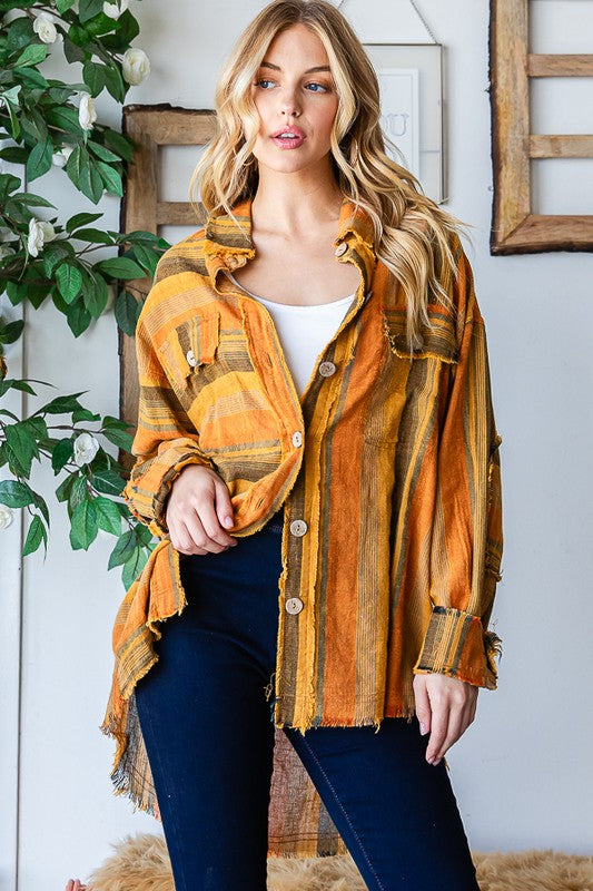 WASHED MIXED STRIPE FRAYED DETAIL SHIRT