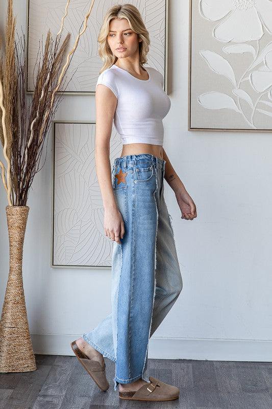 FRAYED TRIM HIGH WAIST VINTAGE DENIM JEANS