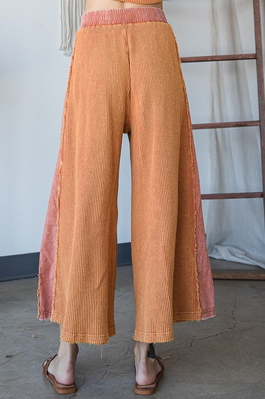 WASHED ELASTIC WAIST BAND WIDE LEG CROPPED PANTS