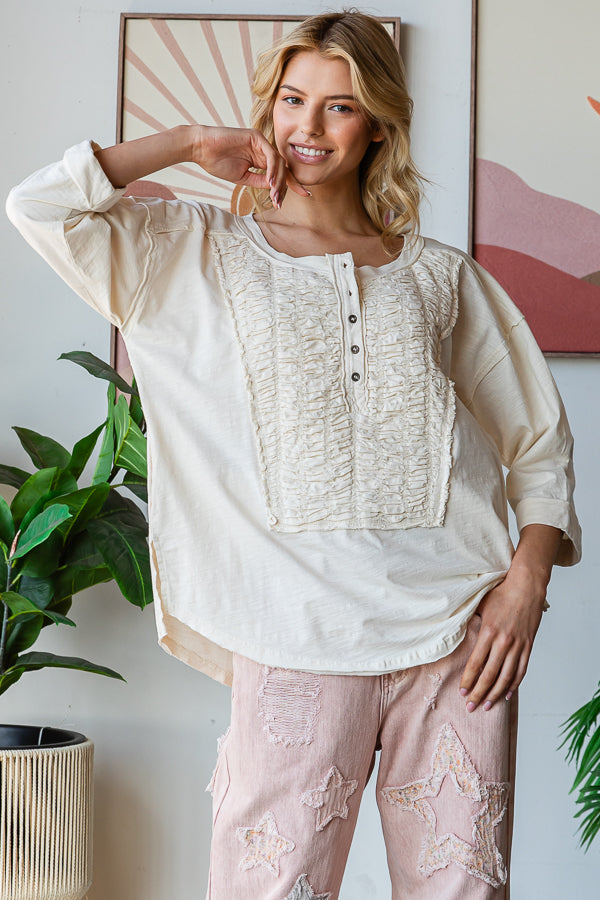 SMOCKED FRONT HENLEY NECK OVERSIZED TOP
