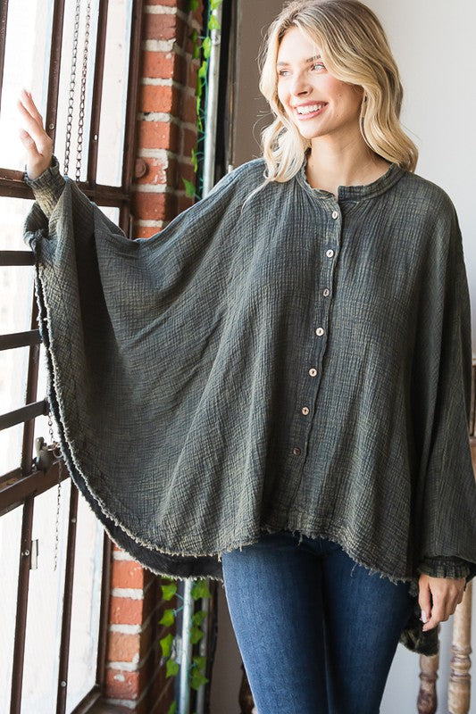 WASHED BUTTON DOWN BATWING SLEEVE OVERSIZED BLOUSE