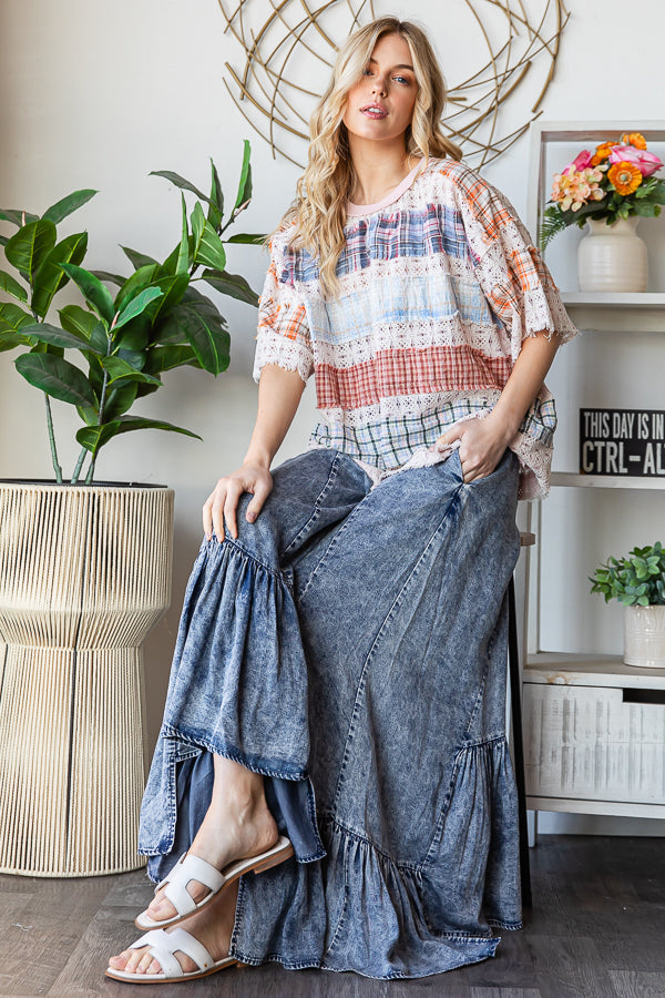 WASHED LACE INSERT PLAID MIX KNIT TOP