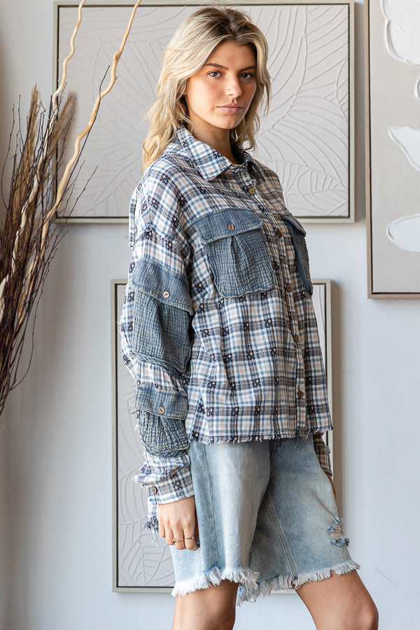 WASHED PLAID CONTRAST 3D POCKETS BUTTON DOWN SHIRT