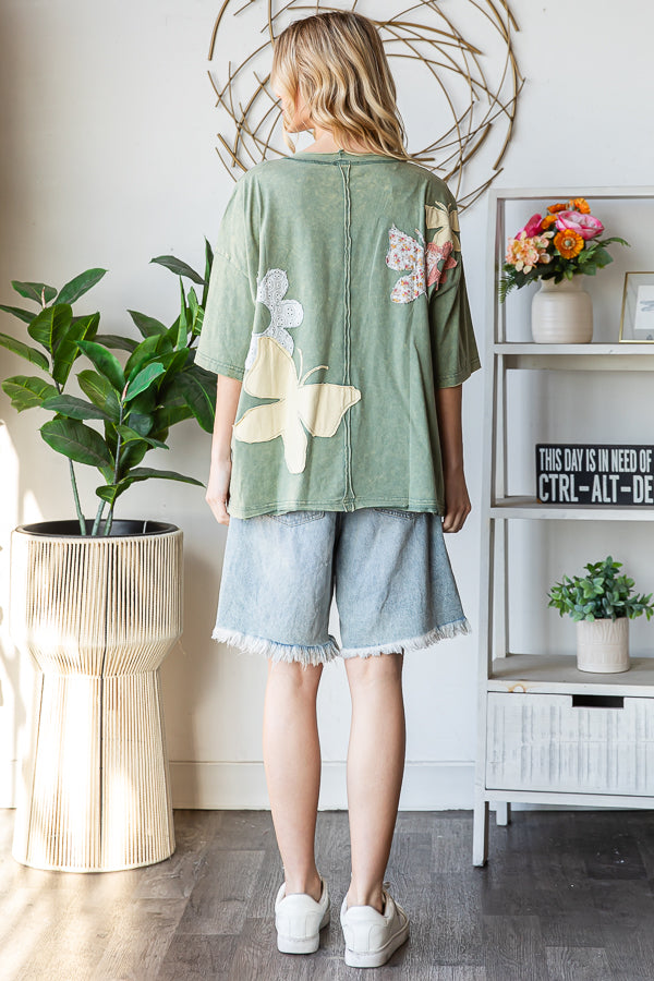 WASHED FLOWER BUTTERFLY PATCHWORK SHORT SLEEVE TOP