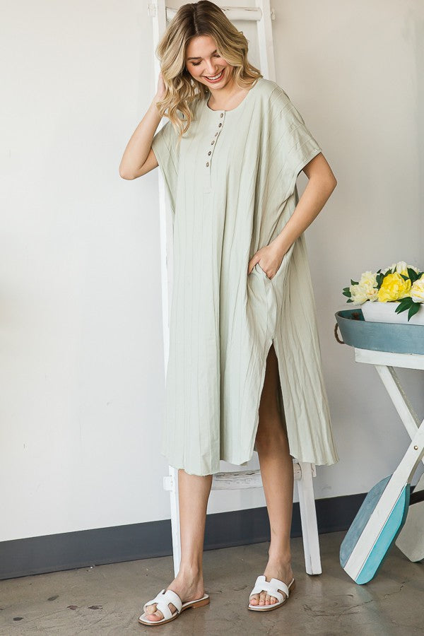 MINERAL WASHED BUTTON FRONT SIDE SLITS TUNIC DRESS