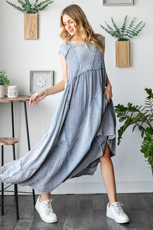 WASHED PATCHWORK DETAIL MIDI DRESS