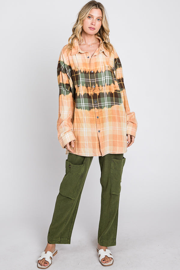 BLEACHED MULTI COLOR PLAID BUTTON DOWN SHIRT
