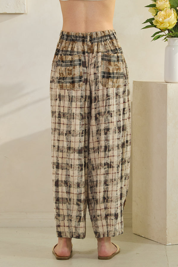 WASHED PLAID WID LEG PANTS