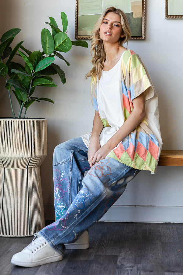 WASHED MULTICOLOR GEO PATCHWORK OVERSIZED TOP