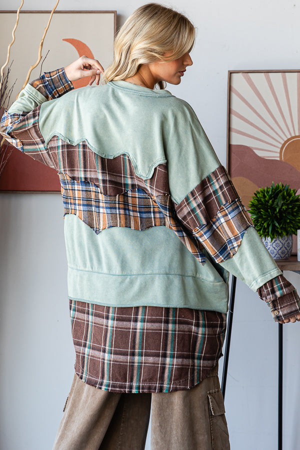 WASHED PLAID PATCHWORK TUNIC LONG SLEEVE TOP