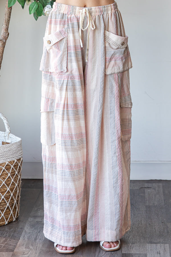 WASHED 3D POCKET NARROW STRIPE WIDE LEG PANTS