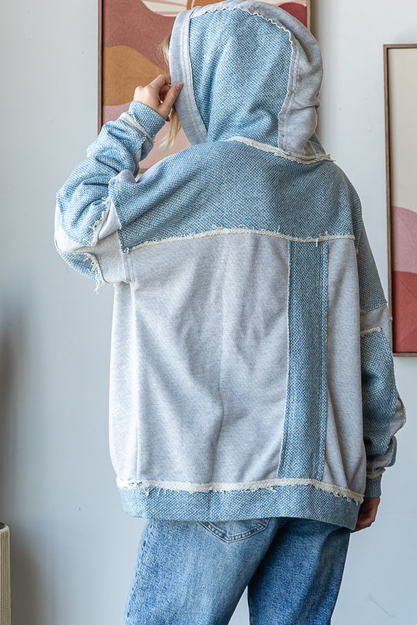 CONTRAST PATCHWORK DRAWSTRING HOODED TOP