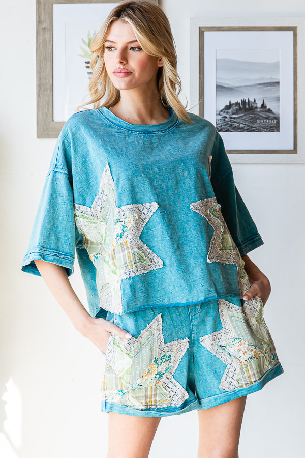 MULTI PRINT STAR PATCHWORK TOP SHORT TWO PIECE SET