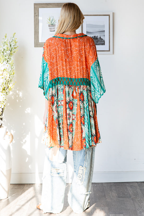 PRINTED MIX KIMONO MINI DRESS