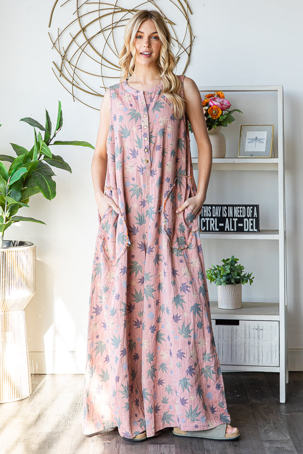 WASHED SLEEVELESS PRINTED REVERSIBLE JUMPSUIT