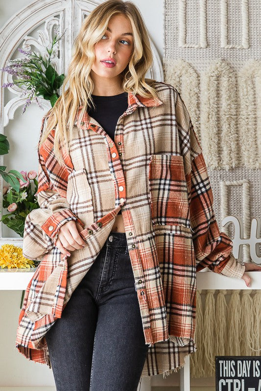 WASHED MIXED PLAID RAW HEM LONG SLEEVE SHIRT