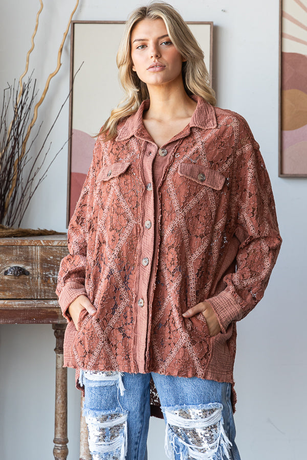 MINERAL WASHED BUTTON DOWN LACE TOP