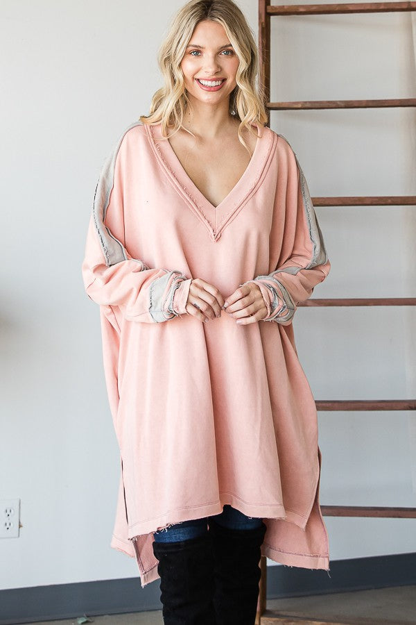 WASHED WIDE V NECK CONTRAST DETAIL TUNIC TOP