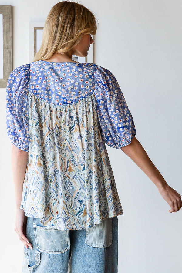 FLORAL MIXED PRINTED PUFF SHORT SLEEVE BLOUSE