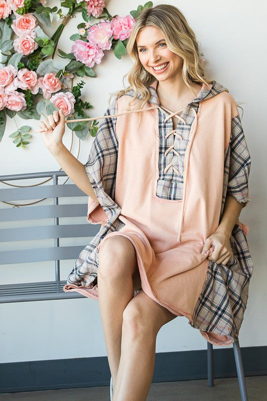 WASHED MIX MEDIA PLAID DETAIL OVERSIZED TUNIC TOP