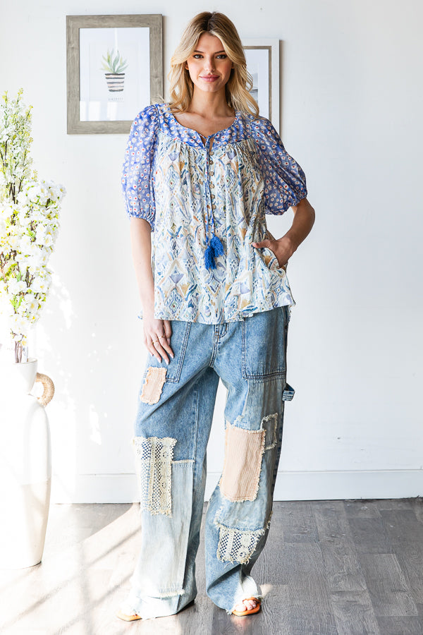 FLORAL MIXED PRINTED PUFF SHORT SLEEVE BLOUSE