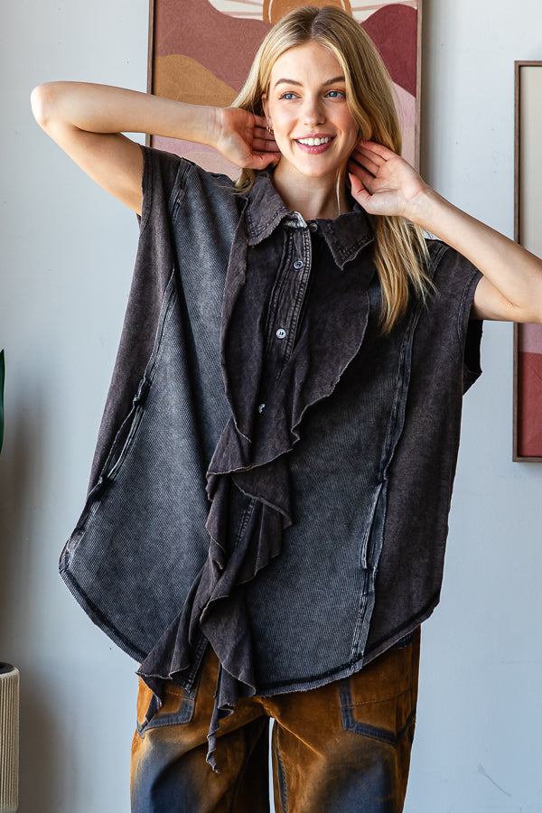 WASHED RUFFLE DETAIL FRONT BUTTON DOWN SHIRT