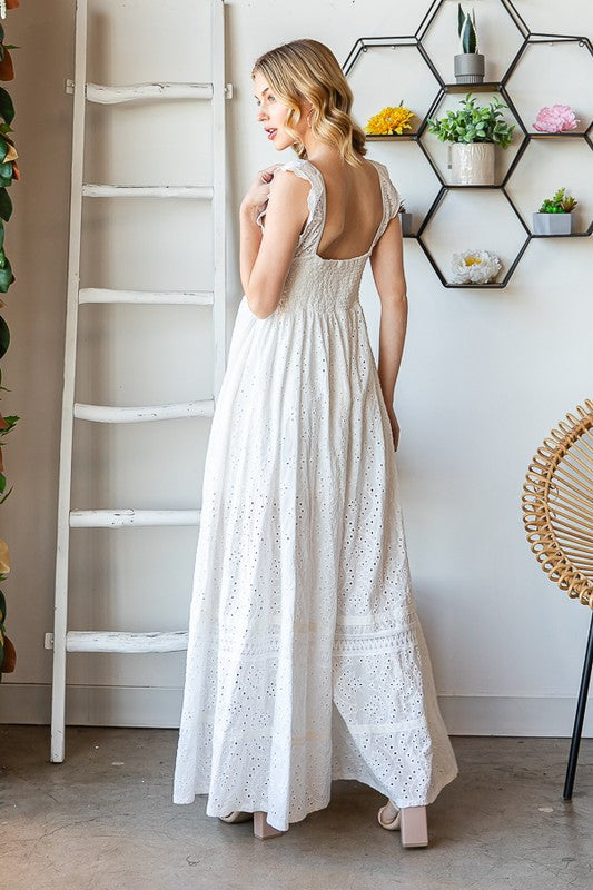 WASHED SMOCKED EYELET SLEEVELESS WIDE LEG JUMPSUIT