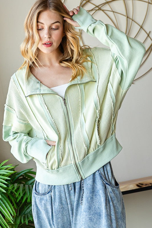 ZIP FRONT MIX HOODED CROPPED JACKET